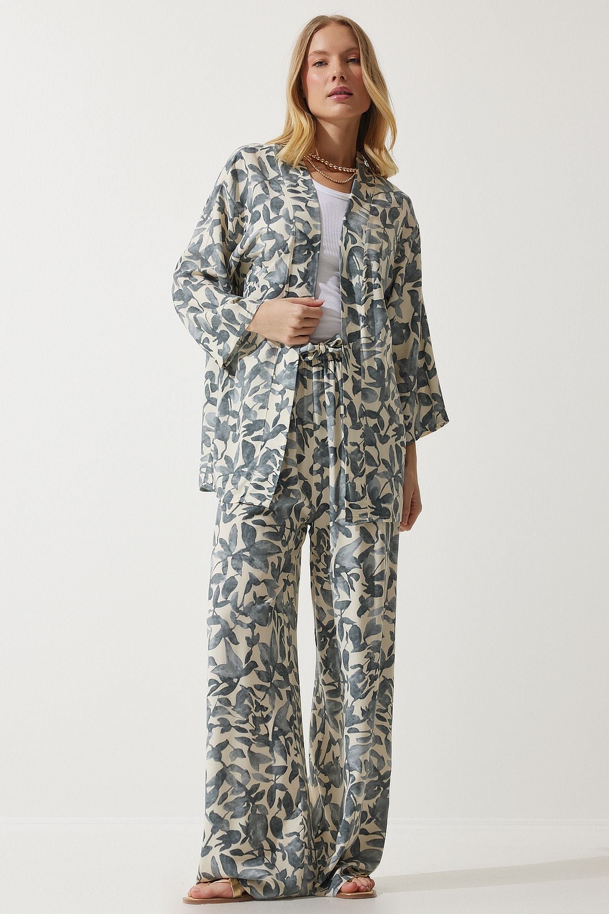 Kemik Gri Desenli Kimono Palazzo Pantolon Takım EN00614