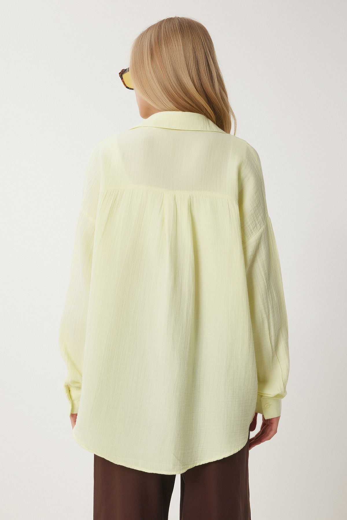 Açık Sarı Oversize Basic Müslin Gömlek  MX00150