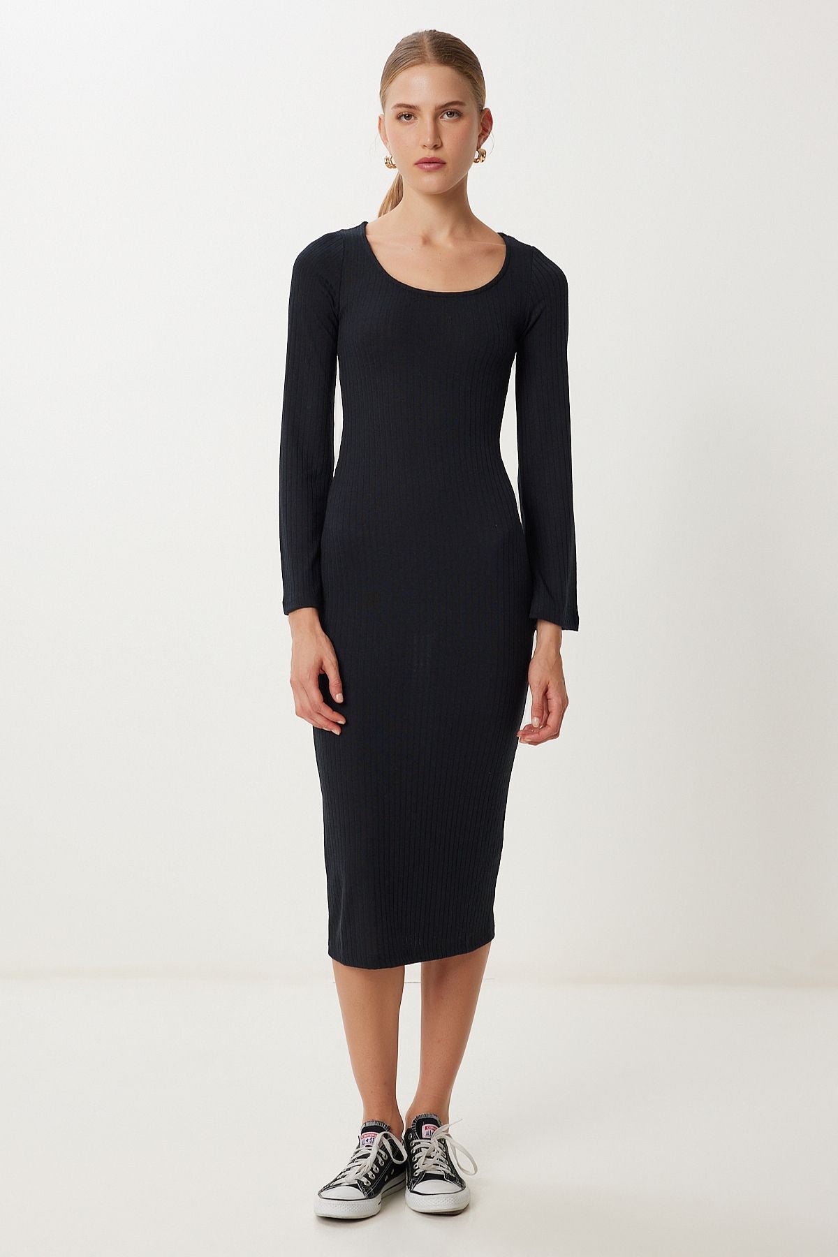 Siyah Basic Esnek Fitilli Örme Elbise UB00468