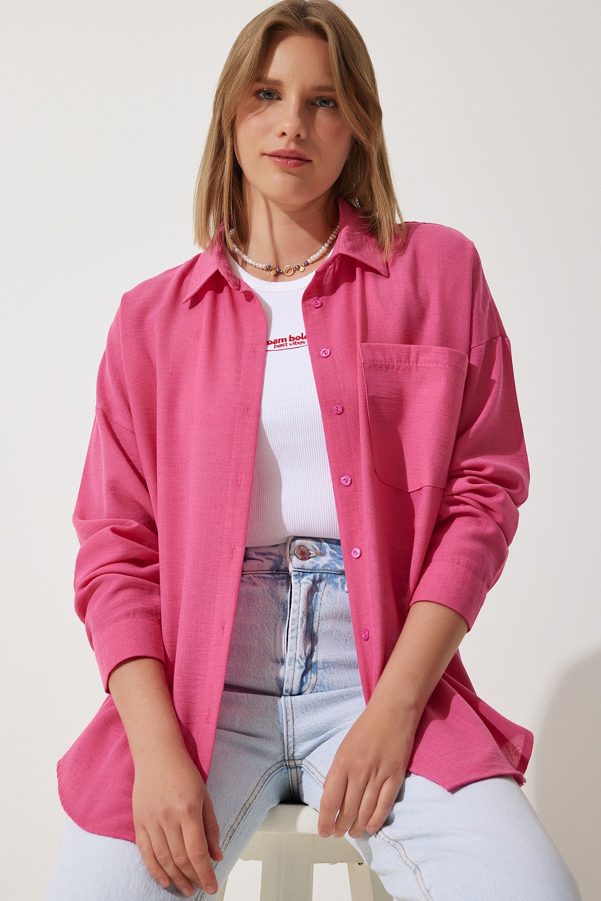 Pembe Oversize Keten Ayrobin Gömlek DD01222