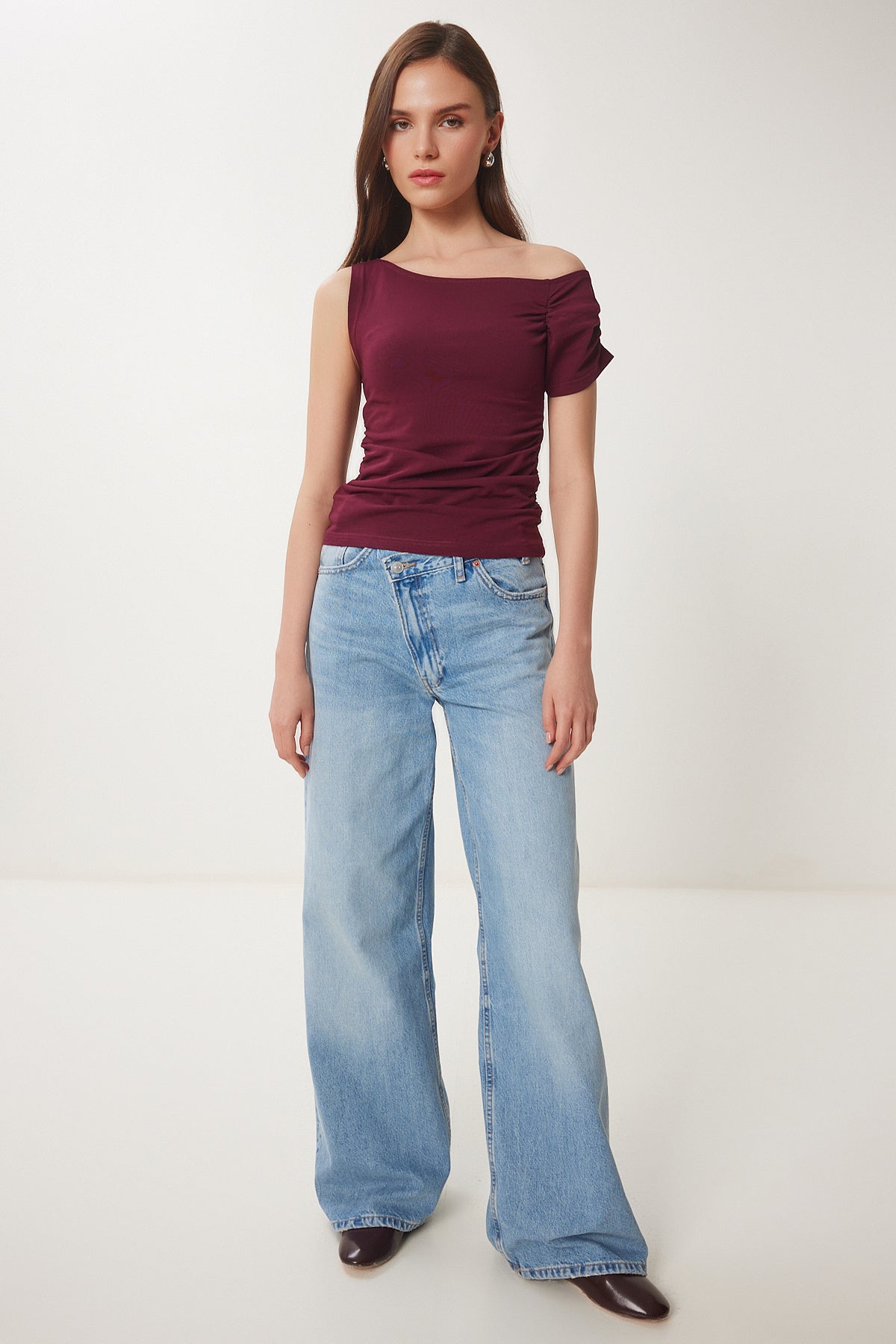 Bordo Büzgü Detaylı Örme Bluz ZV00275