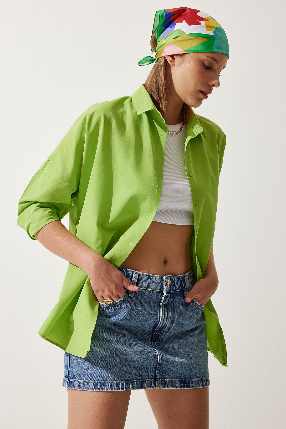 Fıstık Yeşili Oversize Uzun Basic Gömlek DD00842