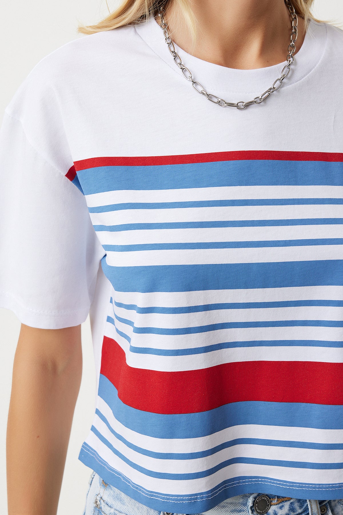 Beyaz Mavi Bisiklet Yaka Çizgili Örme T-Shirt NJ00151