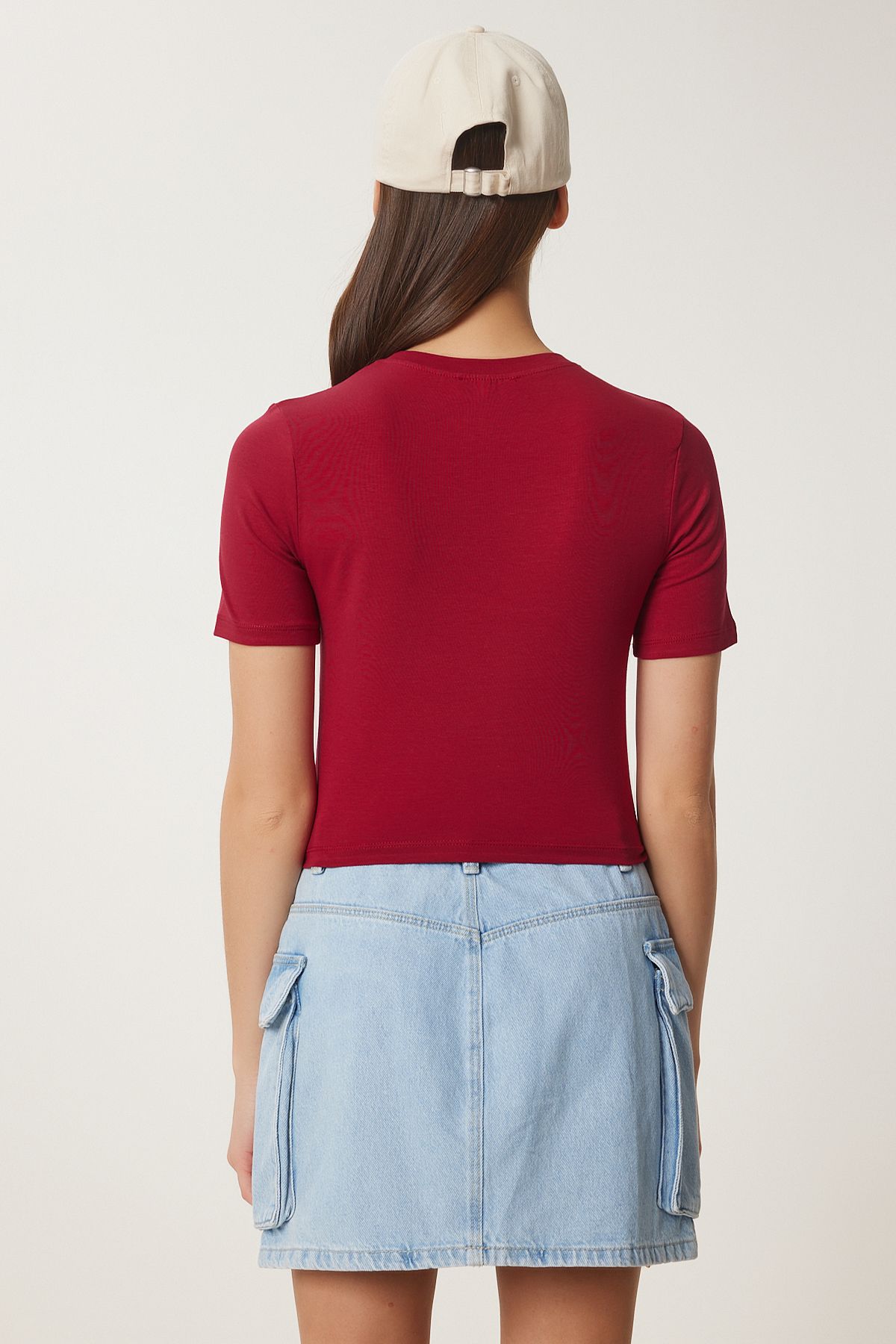 Bordo Bisiklet Yaka Crop T-Shirt UB00064