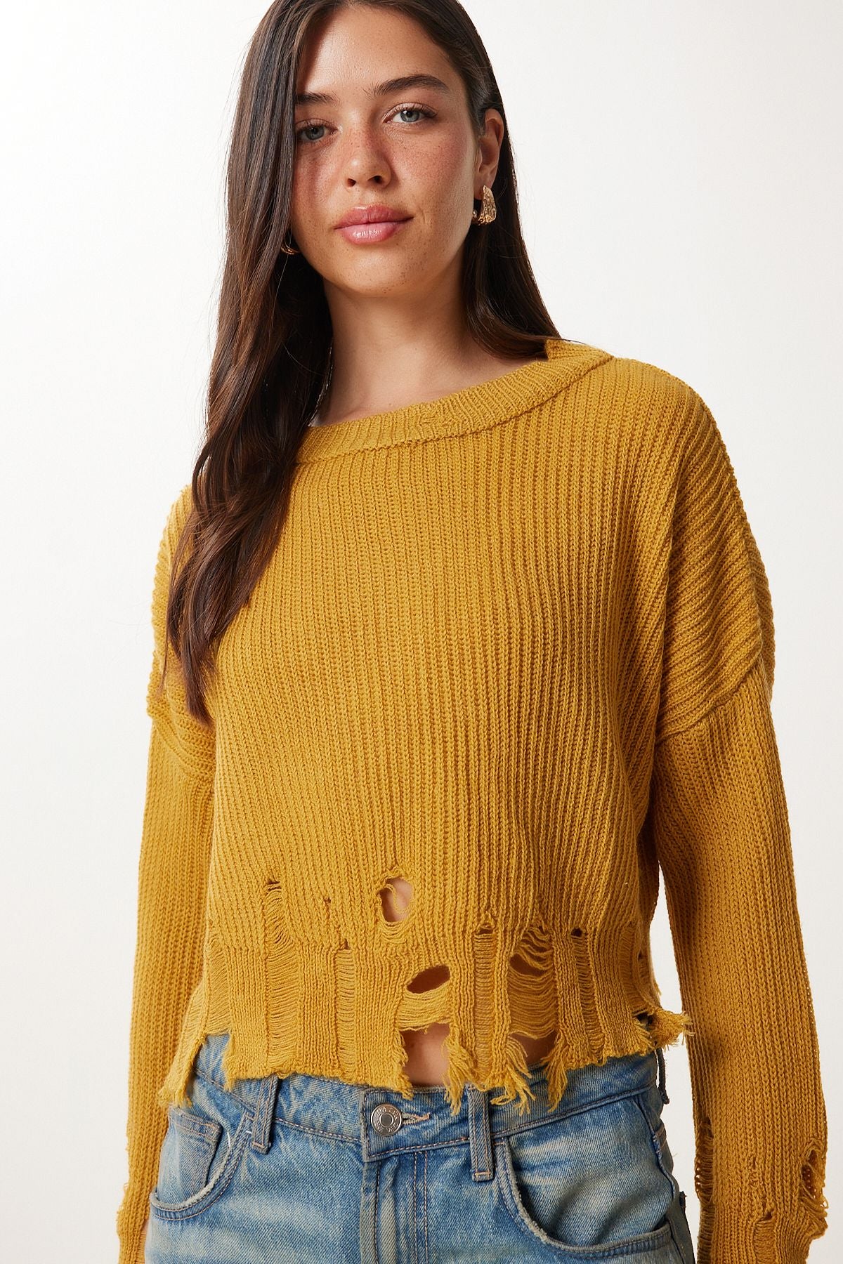 Hardal Yırtık Detaylı Oversize Triko Kazak ki00098