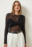 Siyah Büzgü Detaylı Crop Şifon Bluz SF00016