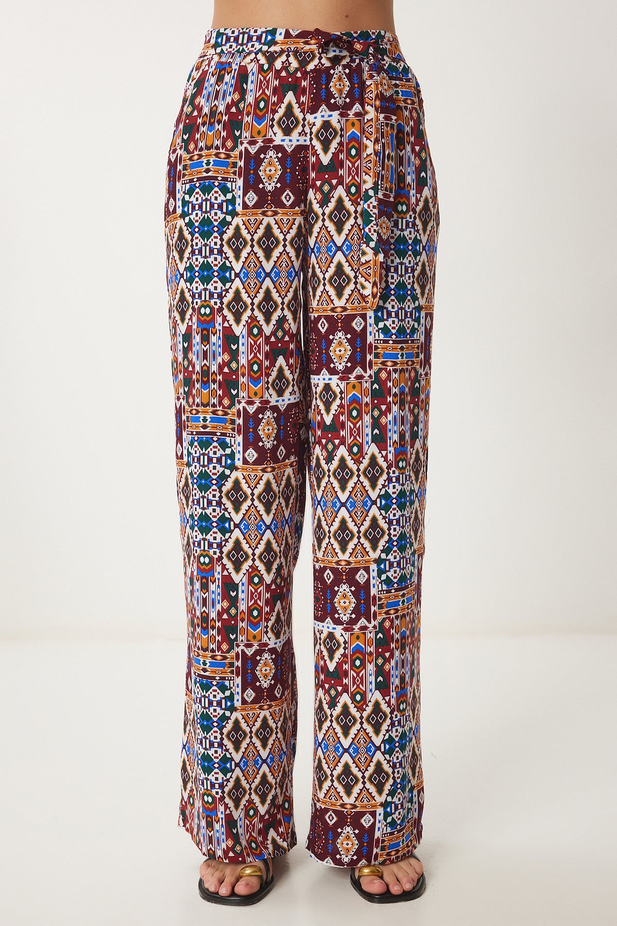 Bordo Oranj Desenli Crop Bluz Pantolon Takım ZV00270