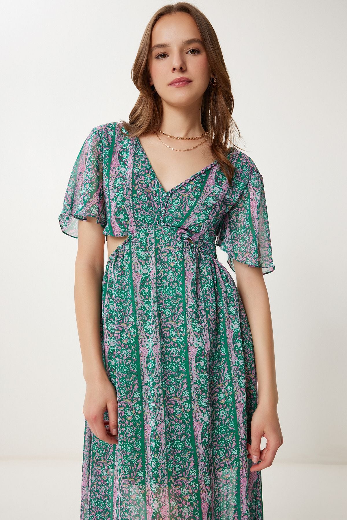 Yeşil Pembe Desenli Cut Out Detaylı Şifon Elbise FG00032