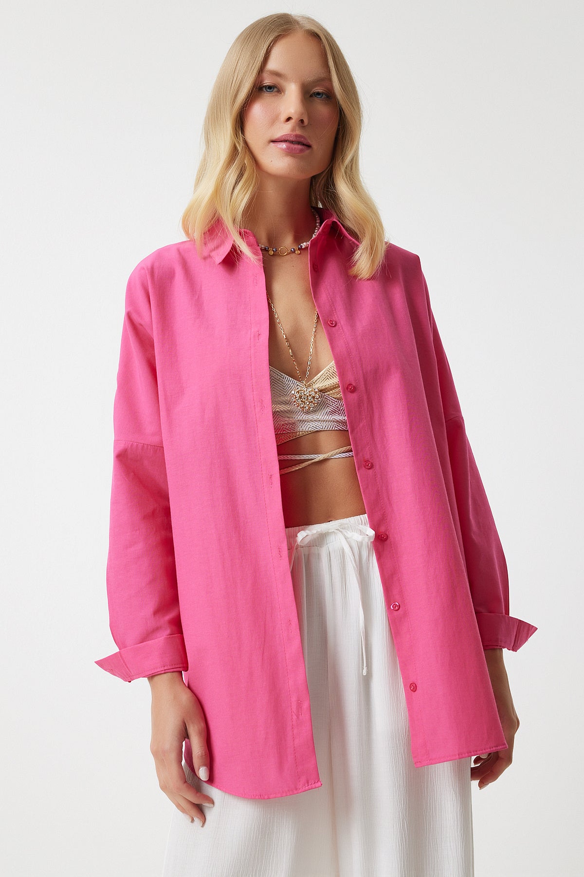 Koyu Pembe Oversize Uzun Basic Gömlek  DD00842