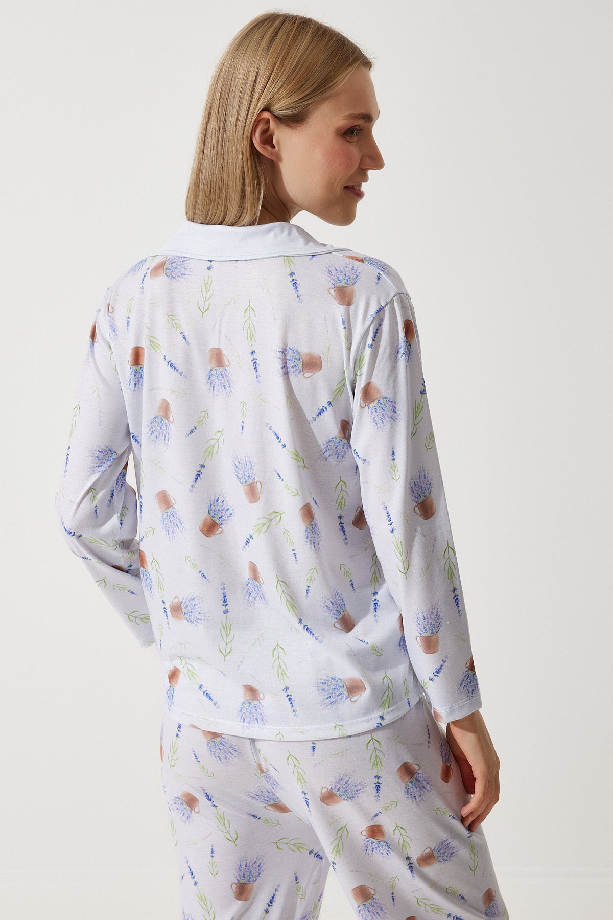 Leylak Desenli Gömlek-Pantolon Örme Pijama Takımı TK00092