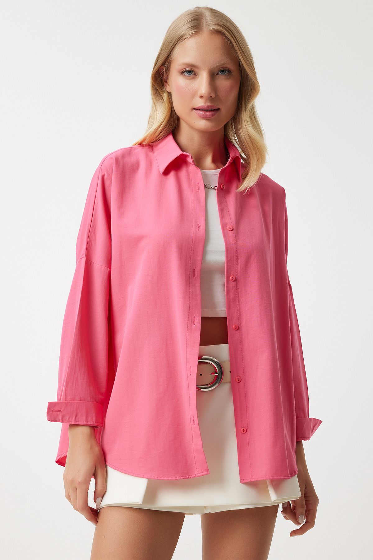 Pembe Oversize Uzun Basic Gömlek MX00167