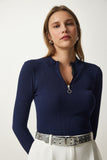 Lacivert Fermuarlı Yaka Örme Bluz GT00045