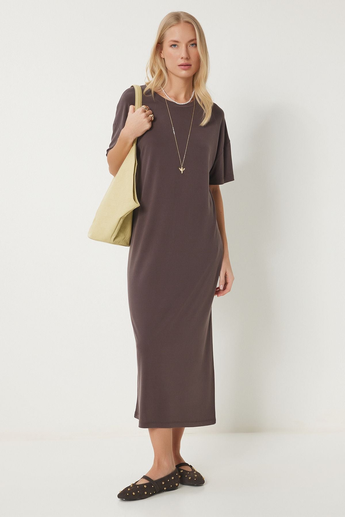 Koyu Kahverengi Oversize Basic Yazlık Örme Elbise UB00299