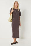 Koyu Kahverengi Oversize Basic Yazlık Örme Elbise UB00299