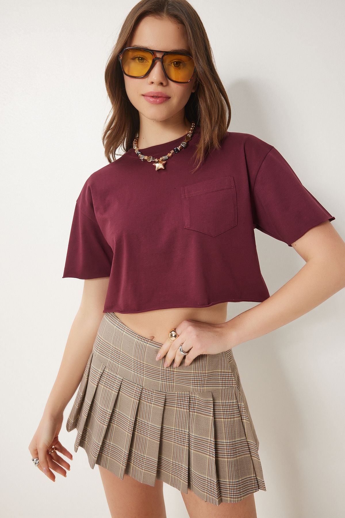 Bordo Pamuklu Crop Örme T-Shirt CR00443
