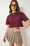Bordo Pamuklu Crop Örme T-Shirt CR00443