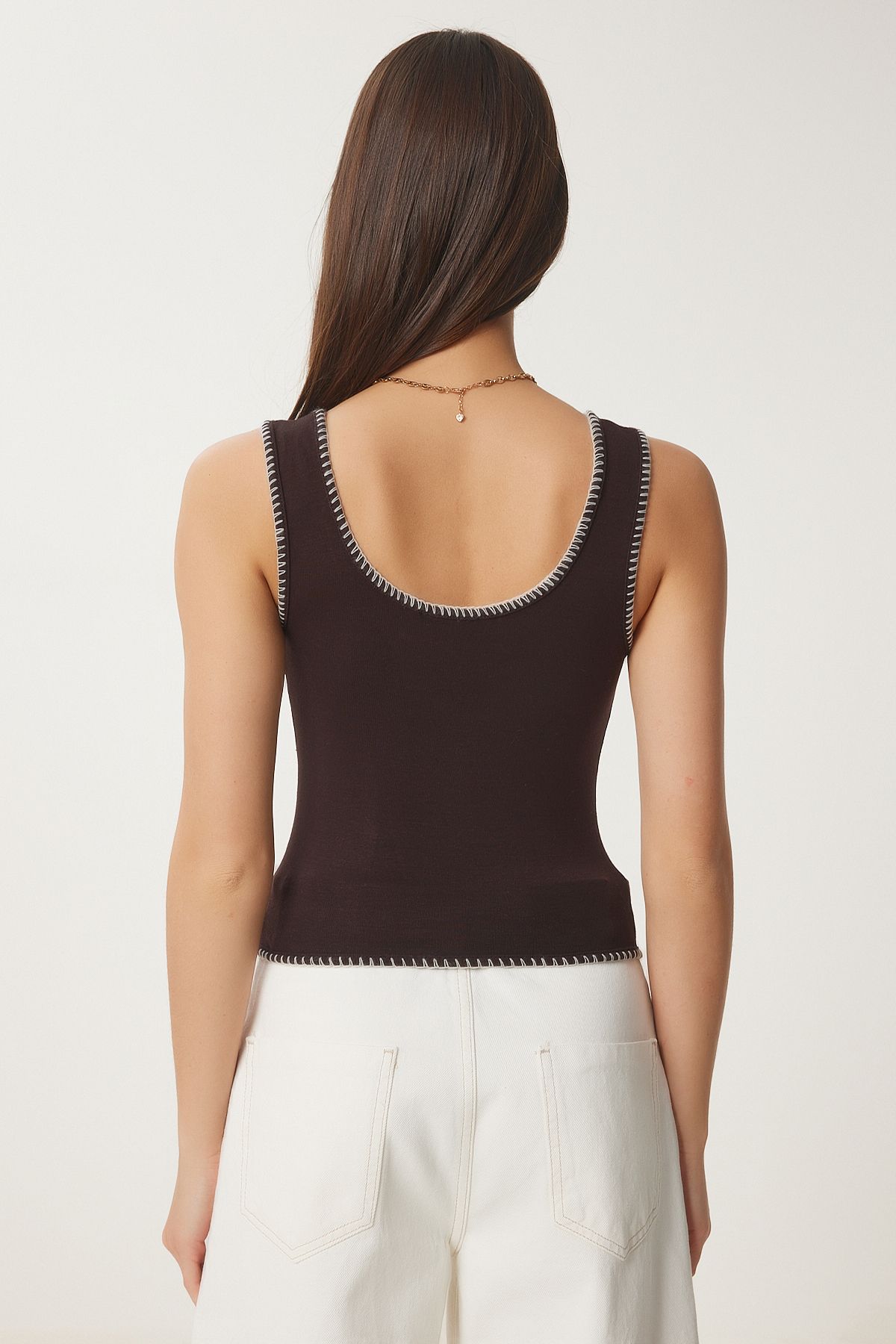 Kahverengi Kontrast Şeritli Crop Örme Bluz FW00005