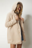 Bej Kapüşonlu Oversize Kürklü Peluş Kaban RV00148
