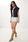 Koyu Mavi Kapaklı Cepli Crop Denim Yelek RV00216