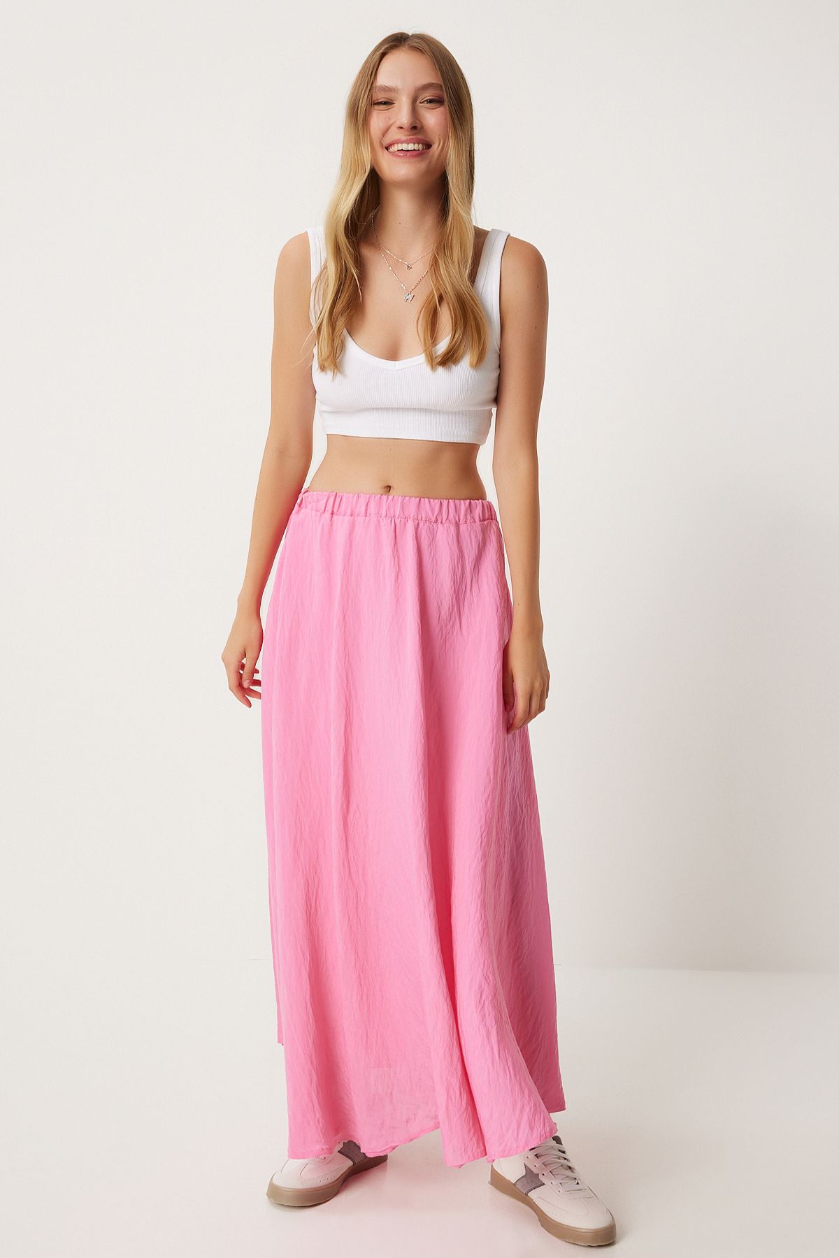 Pembe Volanlı Keten Karışımlı Uzun Etek DP00209