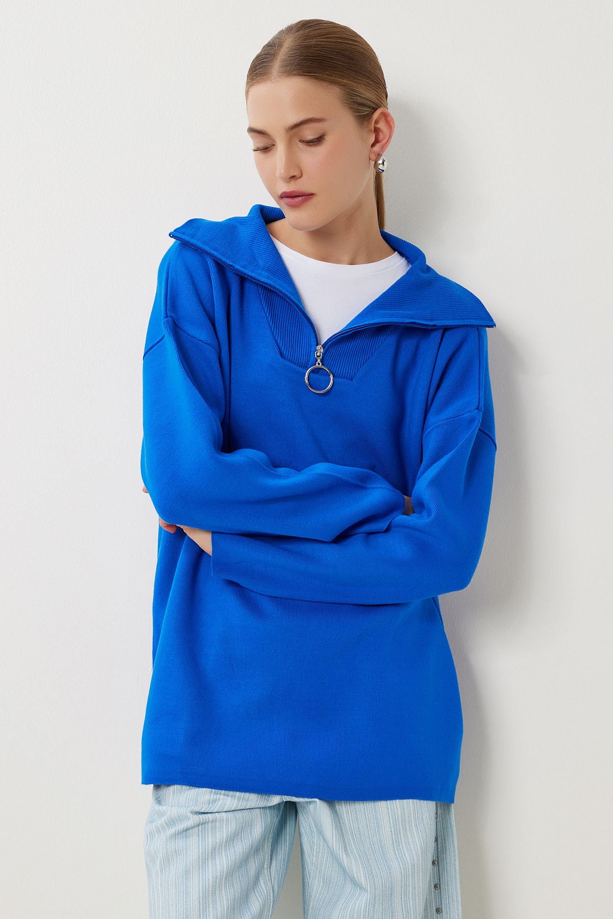 Koyu Mavi Fermuarlı Oversize Triko Kazak YY00263