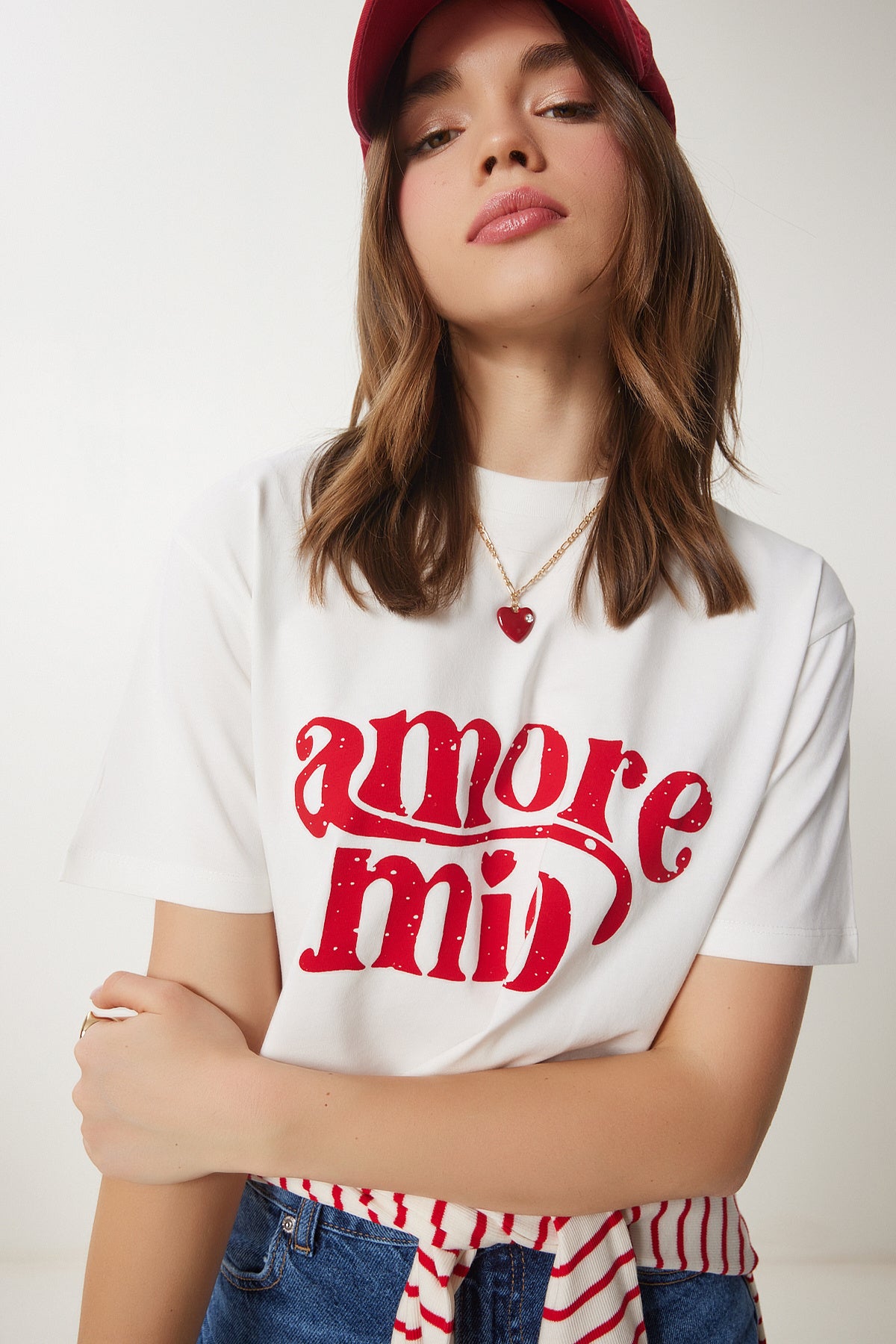 Ekru Baskılı Pamuklu Kısa Örme T-Shirt CR00445