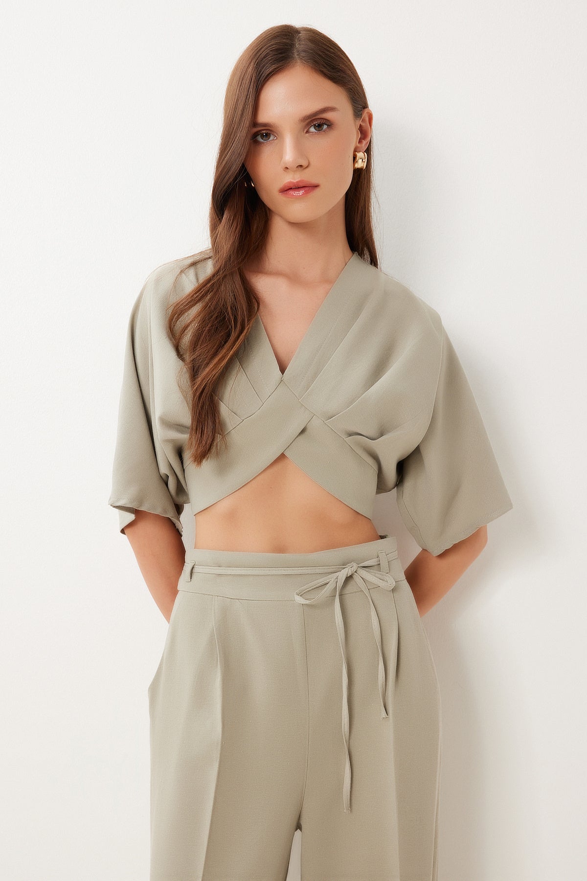 Çağla Yeşili Keten Crop Bluz Pantolon Takım BV00138