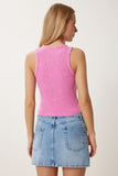 Pembe Halter Yaka Yıkamalı Fitilli Örme Bluz NS00437