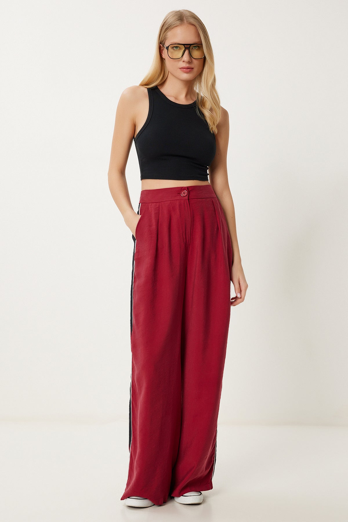 Bordo Şeritli Modal Palazzo Pantolon NS00445