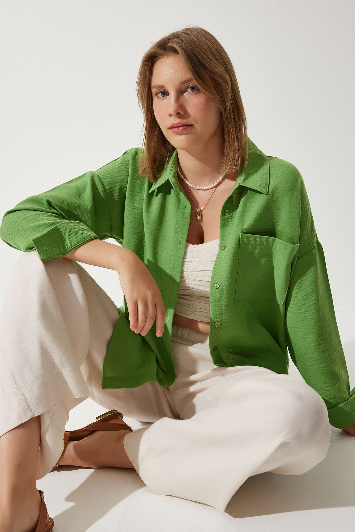 Koyu Çağla Yeşili Oversize Keten Ayrobin Gömlek DD01222