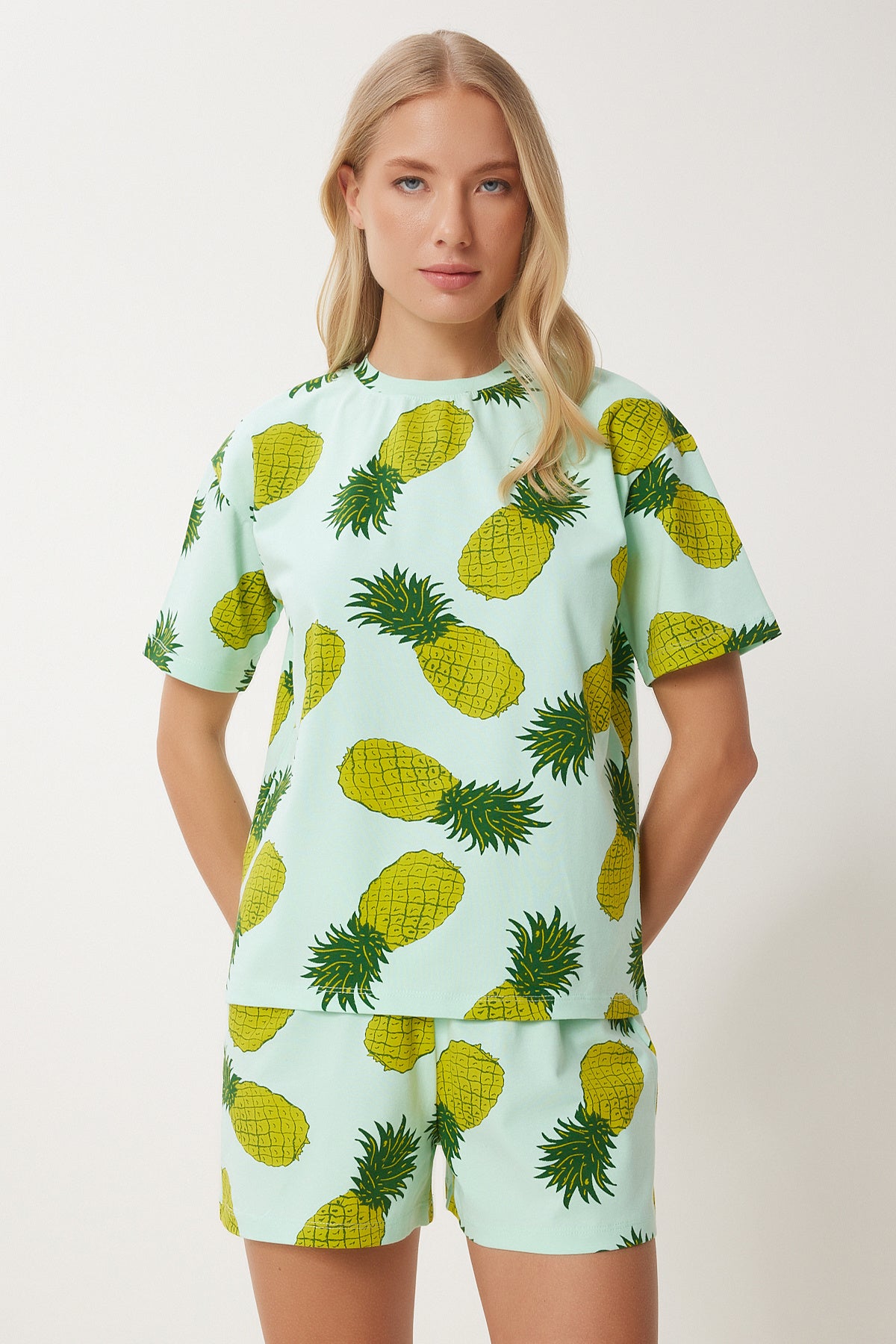 Mint Yeşili Desenli Şortlu Örme Pijama Takımı XE00001