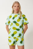 Mint Yeşili Desenli Şortlu Örme Pijama Takımı XE00001