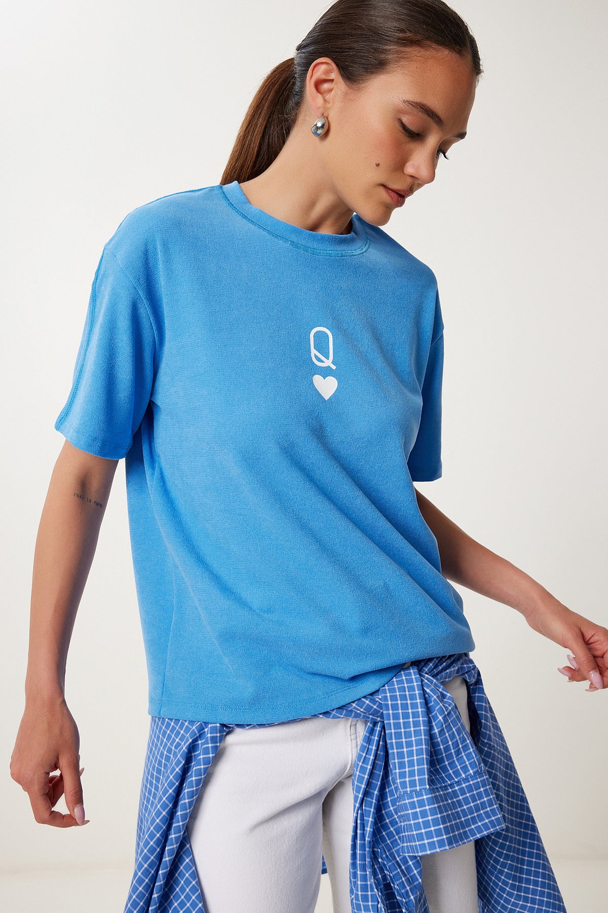 Gök Mavi Baskılı Oversize Örme T-Shirt AN00245