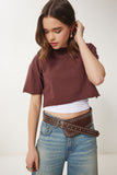 Kahverengi Pamuklu Crop Örme T-Shirt CR00443