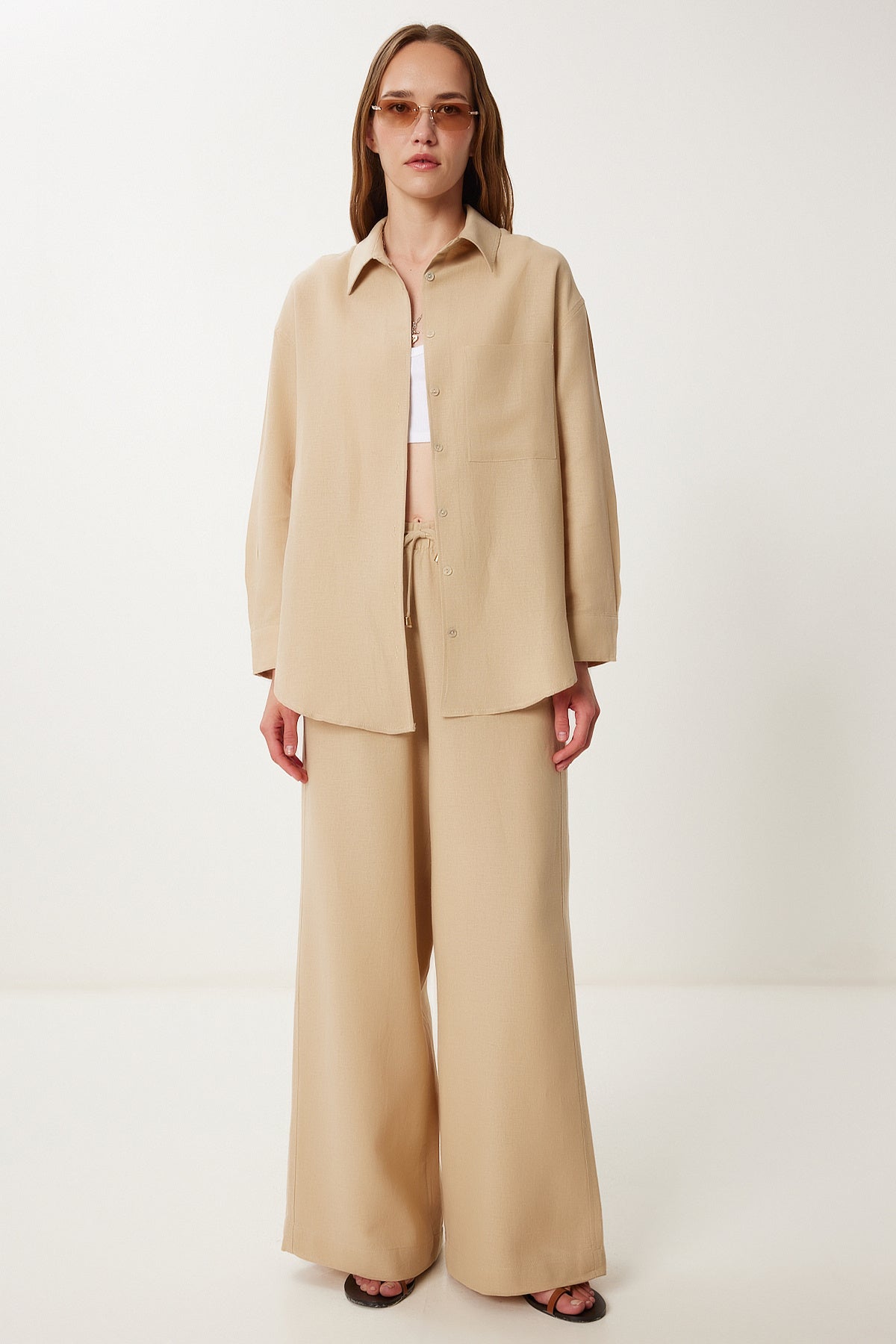 Bej Oversize Keten Gömlek Pantolon Takım WF00118