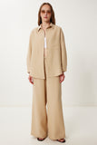 Bej Oversize Keten Gömlek Pantolon Takım WF00118