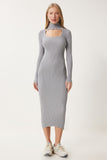 Gri Cut Out Detaylı Dik Yaka Fitilli Triko Elbise FN03388