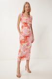 Oranj Pembe Drapeli Desenli Midi Elbise UB00338