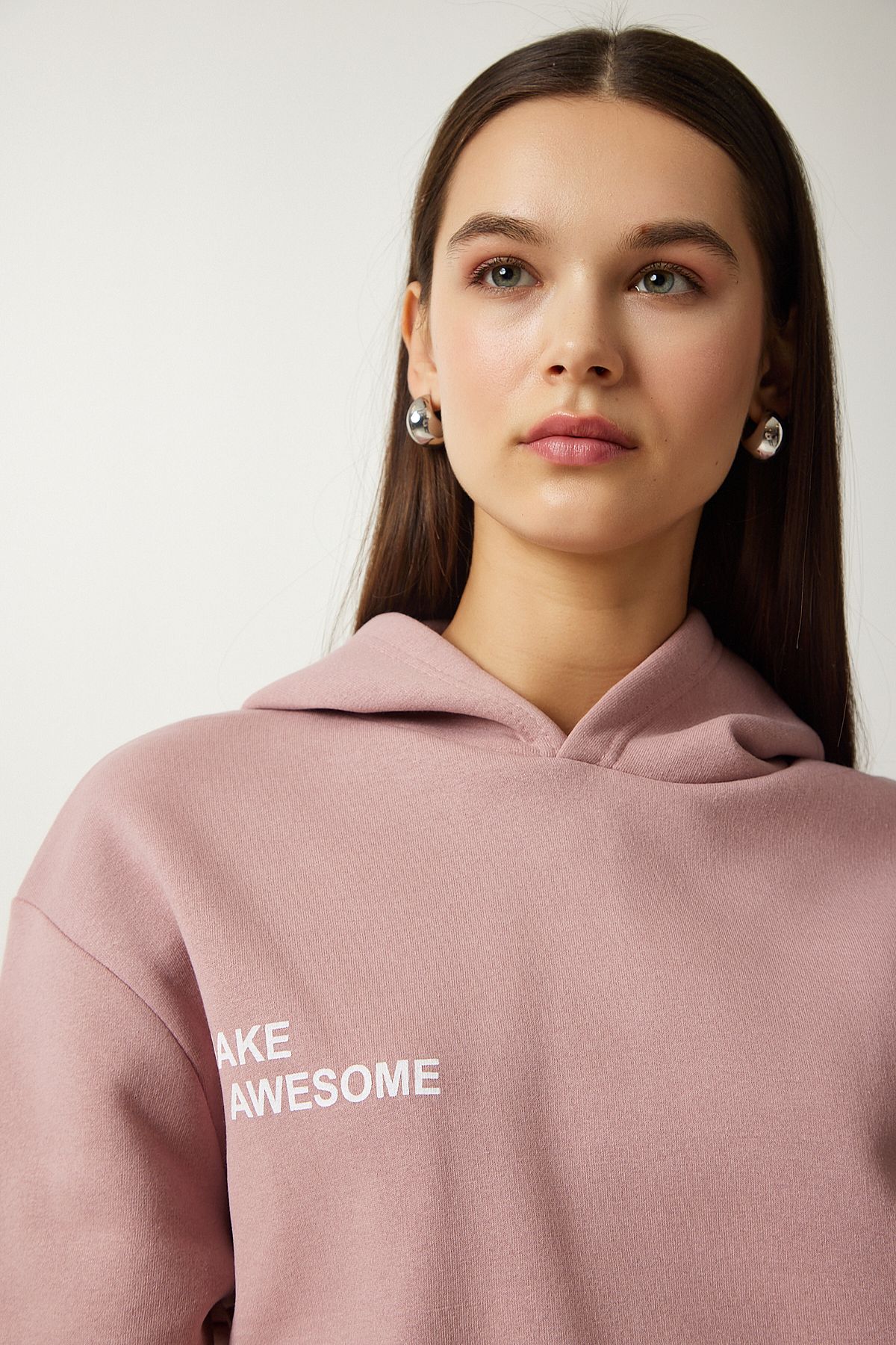 Pudra Kapüşonlu Şardonlu Örme Sweatshirt OW00009