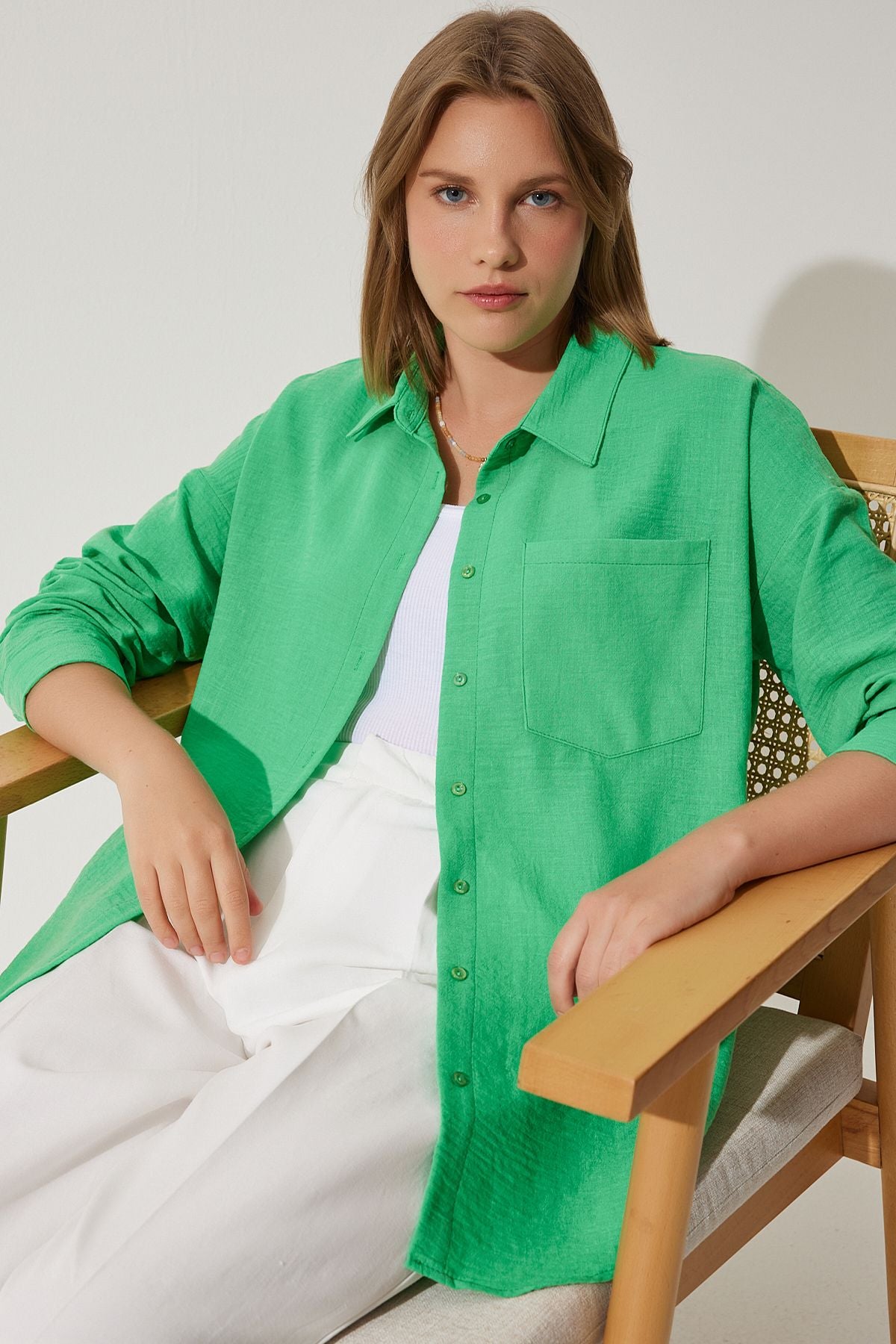 Yeşil Oversize Keten Ayrobin Gömlek DD01222