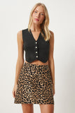 Siyah Bej Leopar Desenli Mini Denim Etek UL00041
