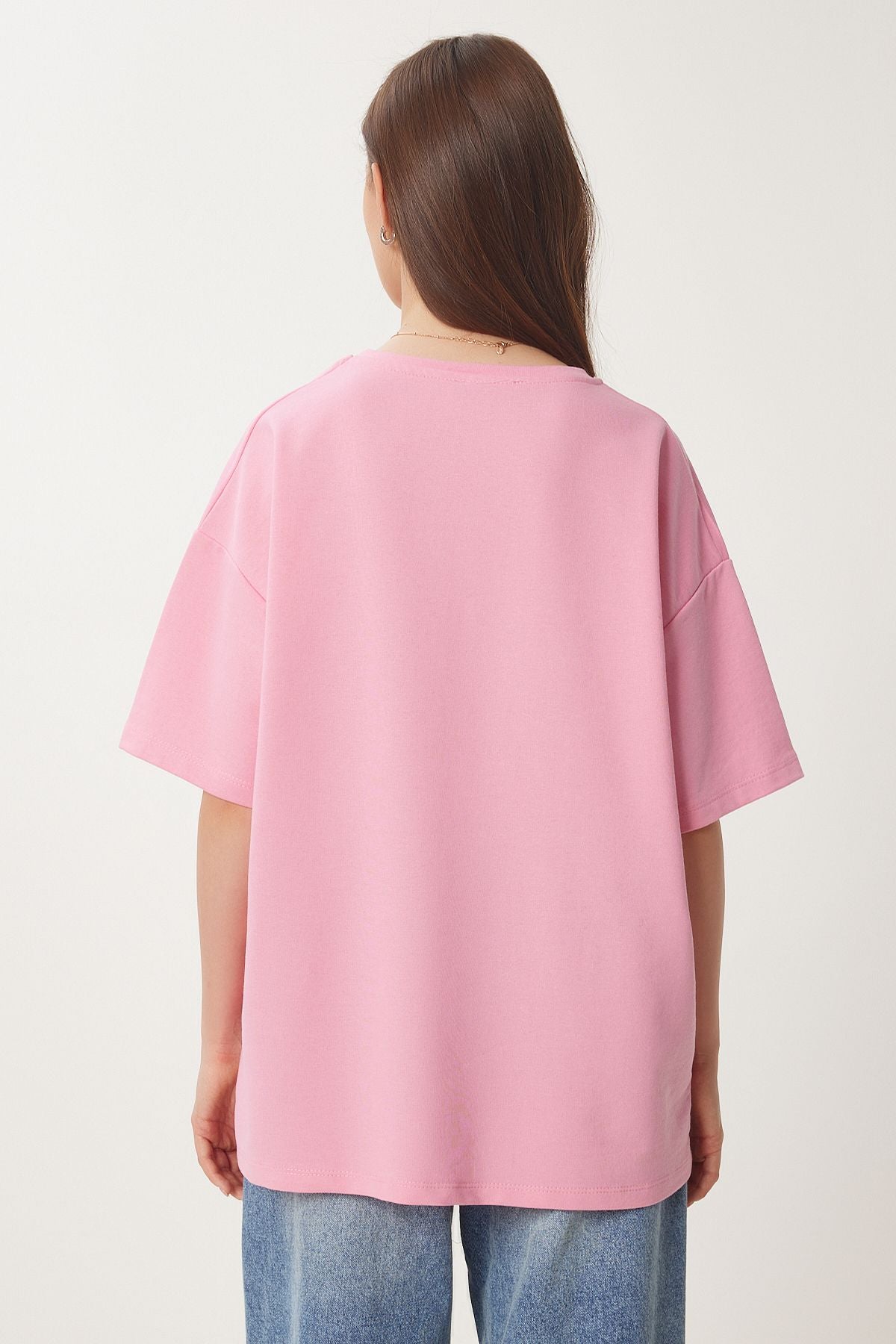 Pembe Oversize Nakışlı Örme T-Shirt ZV00276