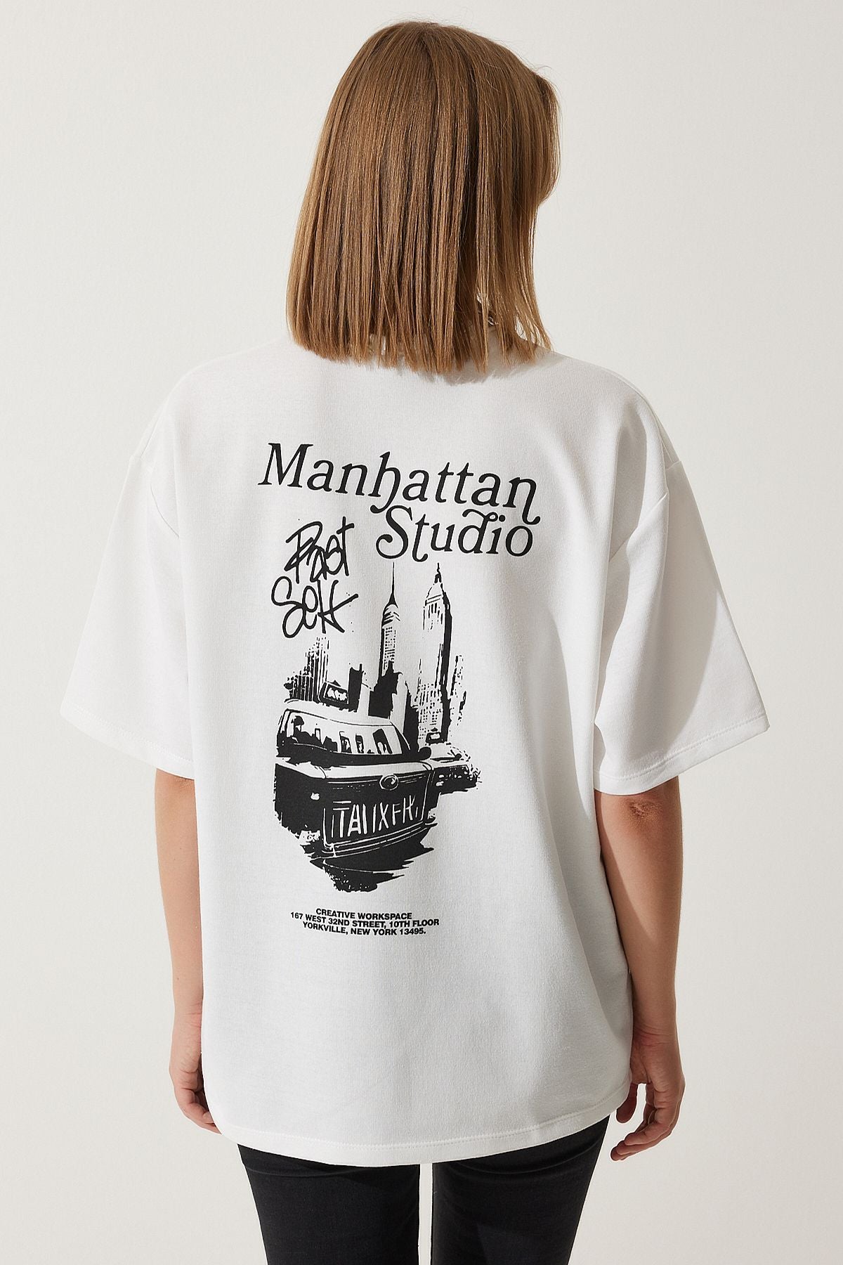 Beyaz Baskılı Oversize İki İplik Örme T-Shirt AN00191