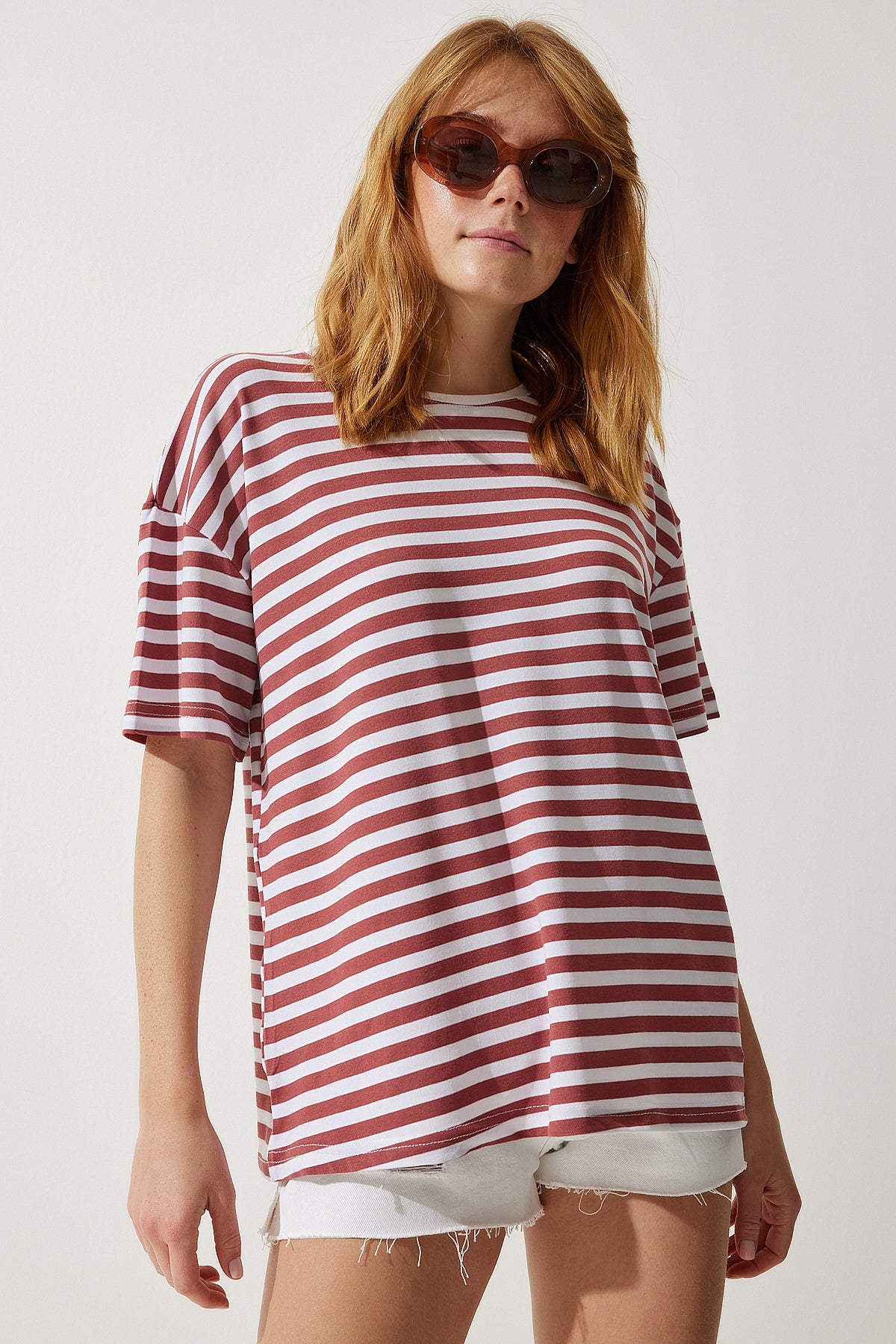 Gül Kurusu Bisiklet Yaka Çizgili Oversize Örme T-Shirt EN00609