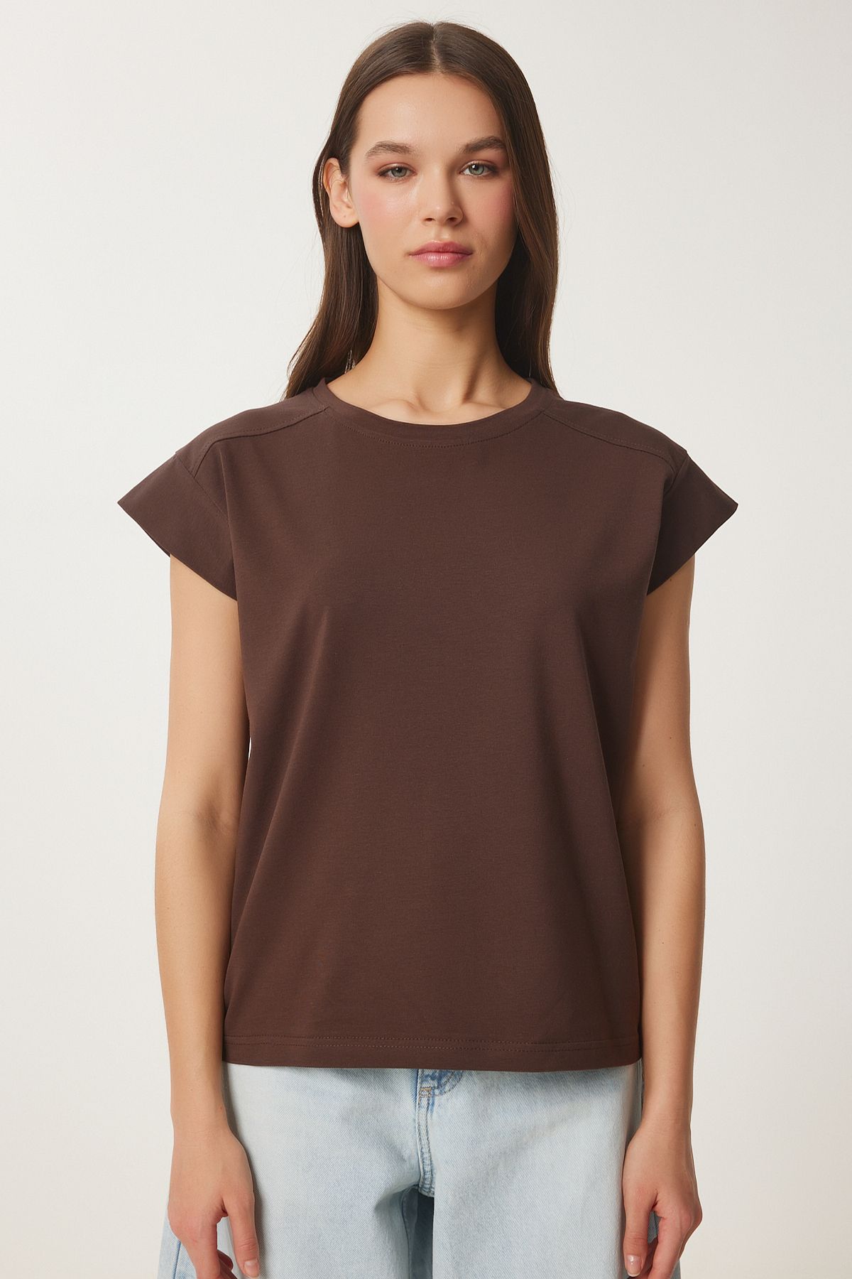 Kahverengi Basic Örme T-Shirt HW00017
