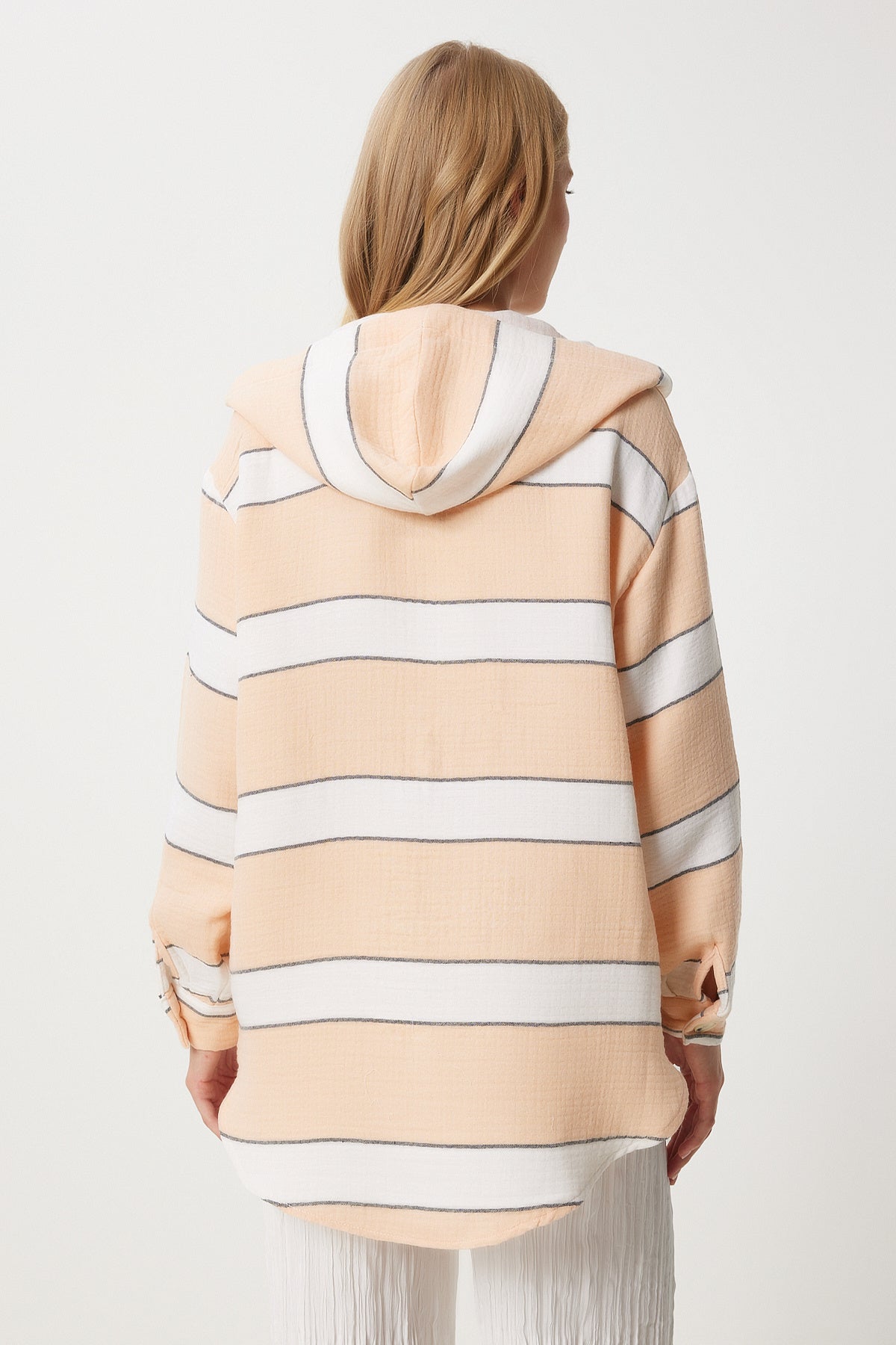 Somon Çizgili Kapüşonlu Oversize Müslin Ceket Gömlek  FN03364