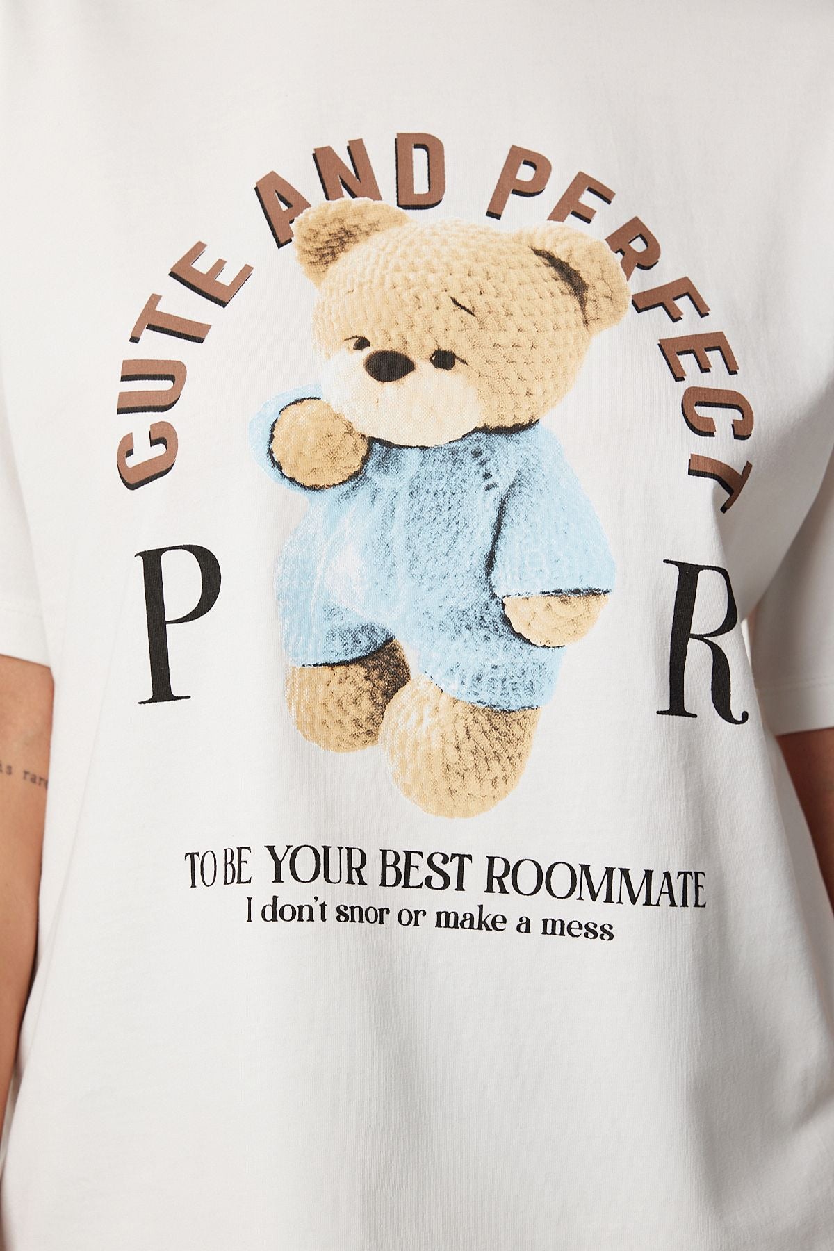 Ekru Baskılı Oversize Pamuklu Örme T-Shirt CR00508