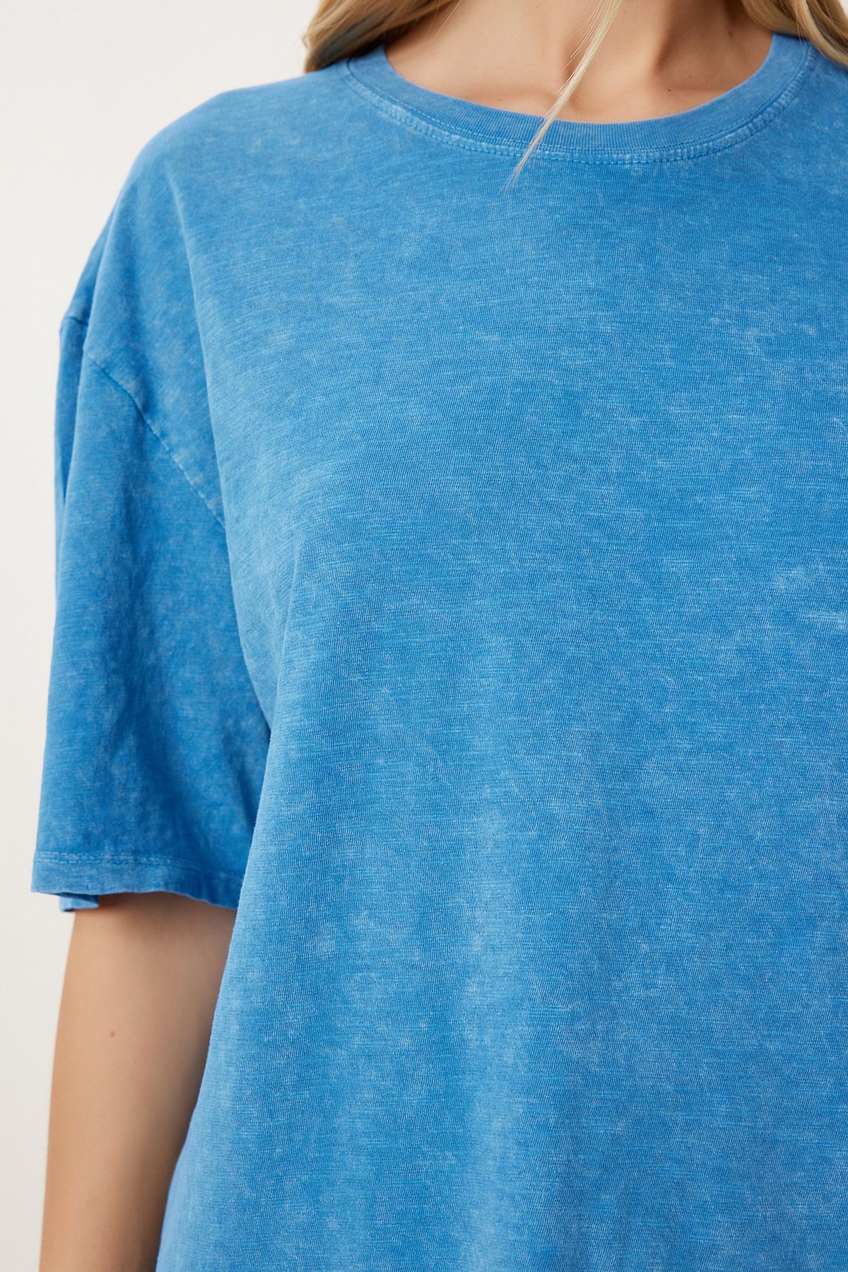Mavi Yıkamalı Basic Örme T-Shirt AN00258