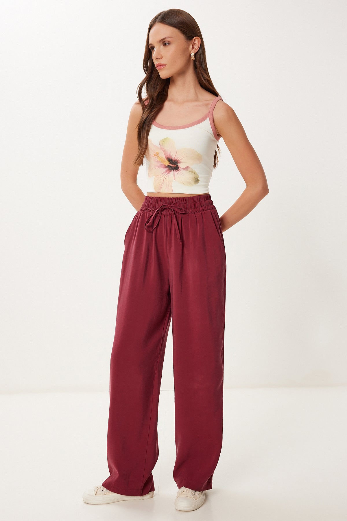Bordo Geniş Paça Yazlık Modal Pantolon BV00157