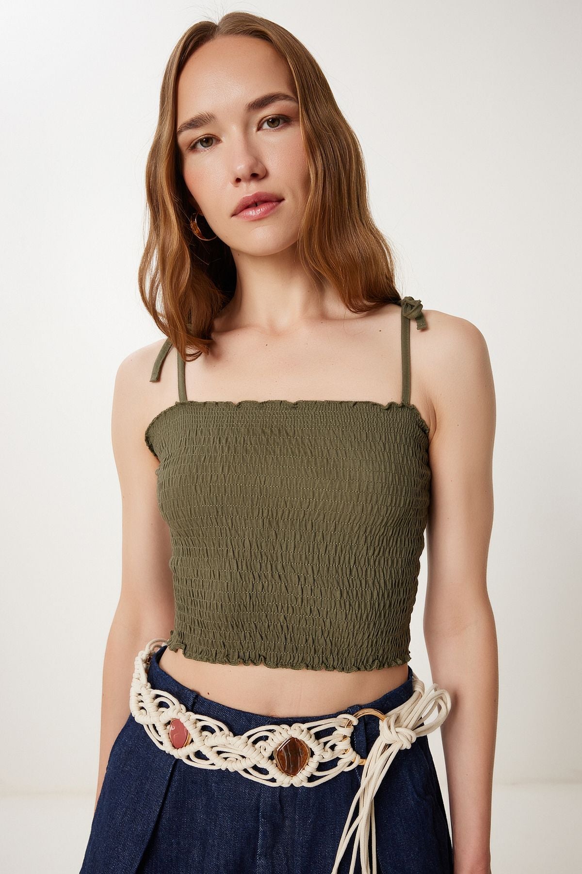 Haki Hardal 2’Li Paket Askılı Esnek Crop Örme Bluz WF00157